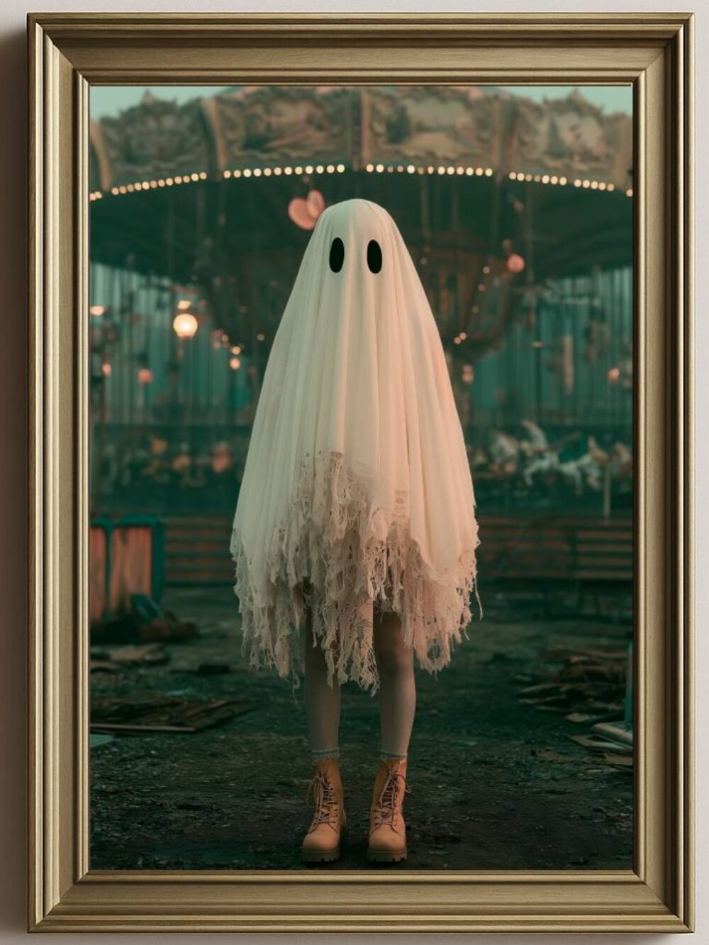 8.5"x11" Ghost Girl Carousel, Moody Halloween Decor Art Print